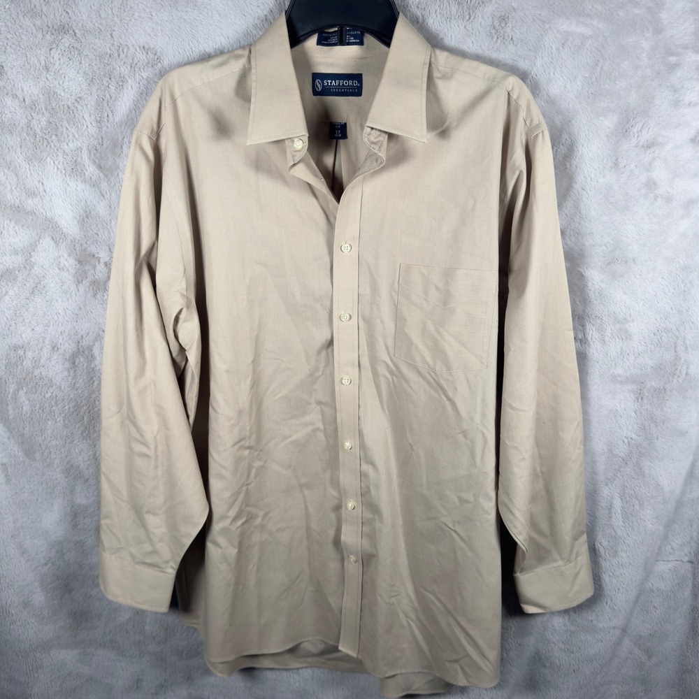 Stafford Essentials Mens Tan Long Sleeve Button Down Shirt Regular Fit Size‎ 17